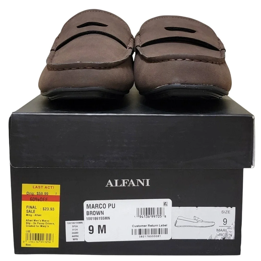 Alfani Men Slip On Moc Toe Penny Loafers Marco Size US 9M Brown Faux Suede